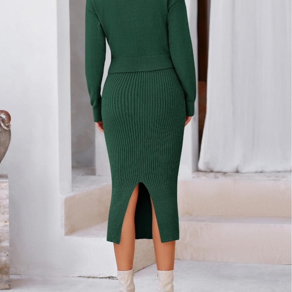 BTFBM Green Ribbed Knit Dress and Cardigan Set - Picture 3 of 8